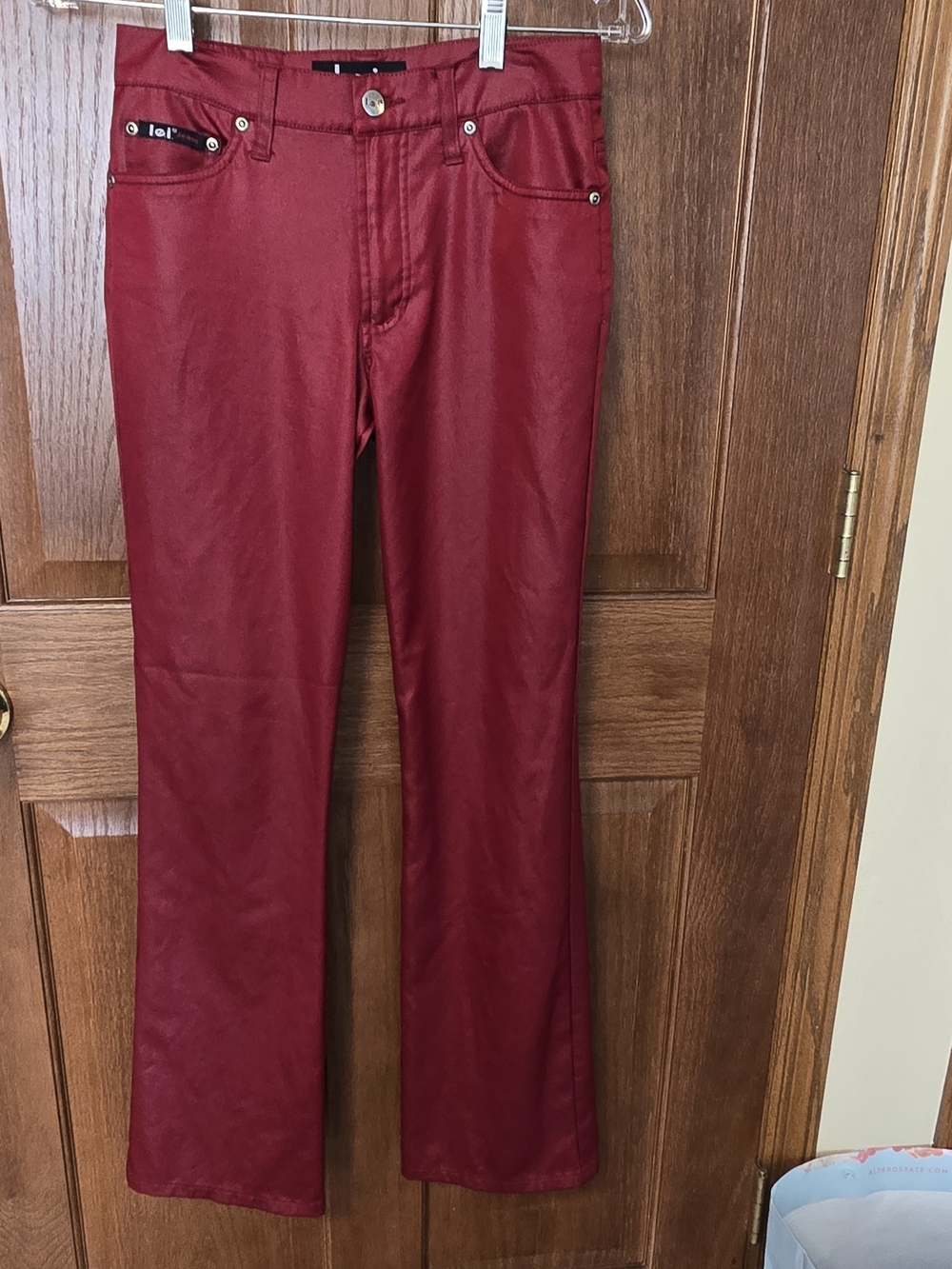 Y2K LEI Red Metallic Shimmer Bootcut Pants Size 5 Low Rise 28” Inseam